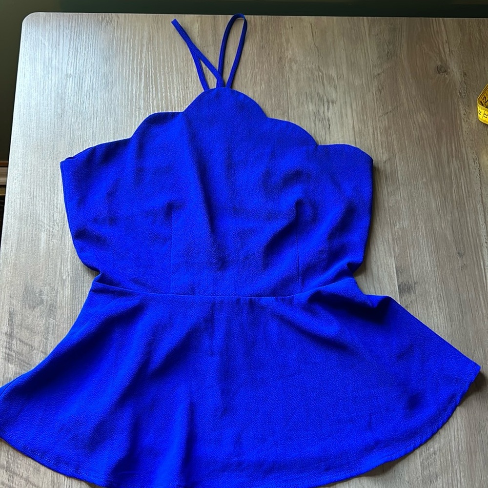 NWOT Monteau Womens Halter Top Top Sz L BLUE Scalloped Neck Blouse